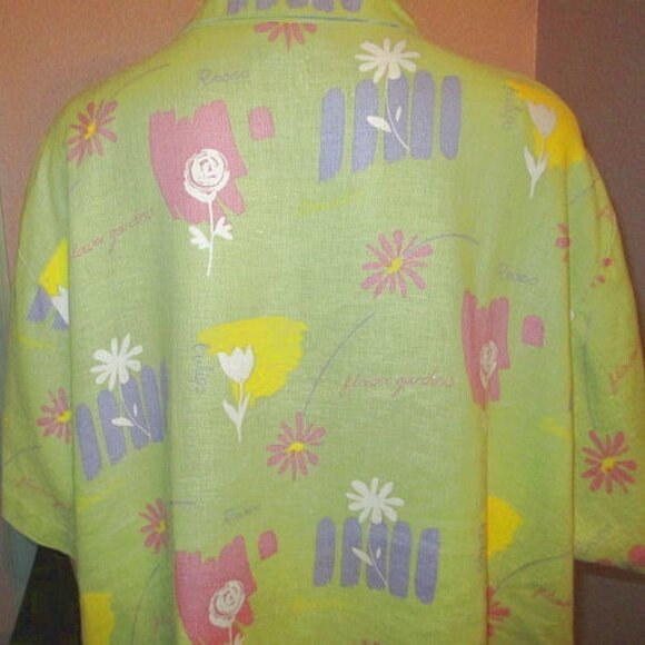 VTG Kiko LINEN Button Up Size 3X BLOUSE Tunic TOP Flowers TROPICAL Lagenlook 80s - Picture 8 of 11